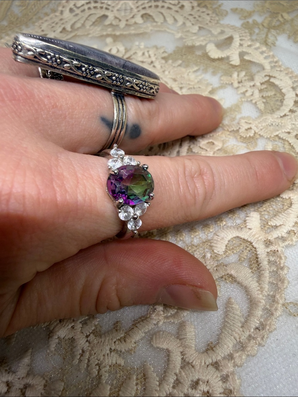 Vintage 90s Genuine Mystic Topaz CZ Bow Tie S925 Sterling Silver Ring Sz 7.5